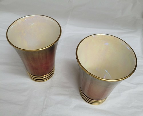 ANTIQUE Carlton Ware Rouge Royale Set of 2 Vase Gold Accents 4 Ring Collar Base - Picture 6 of 12