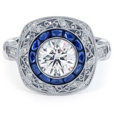 Art Deco Style Round CZ  Sapphire Engagement 925 Sterling Silver Ring