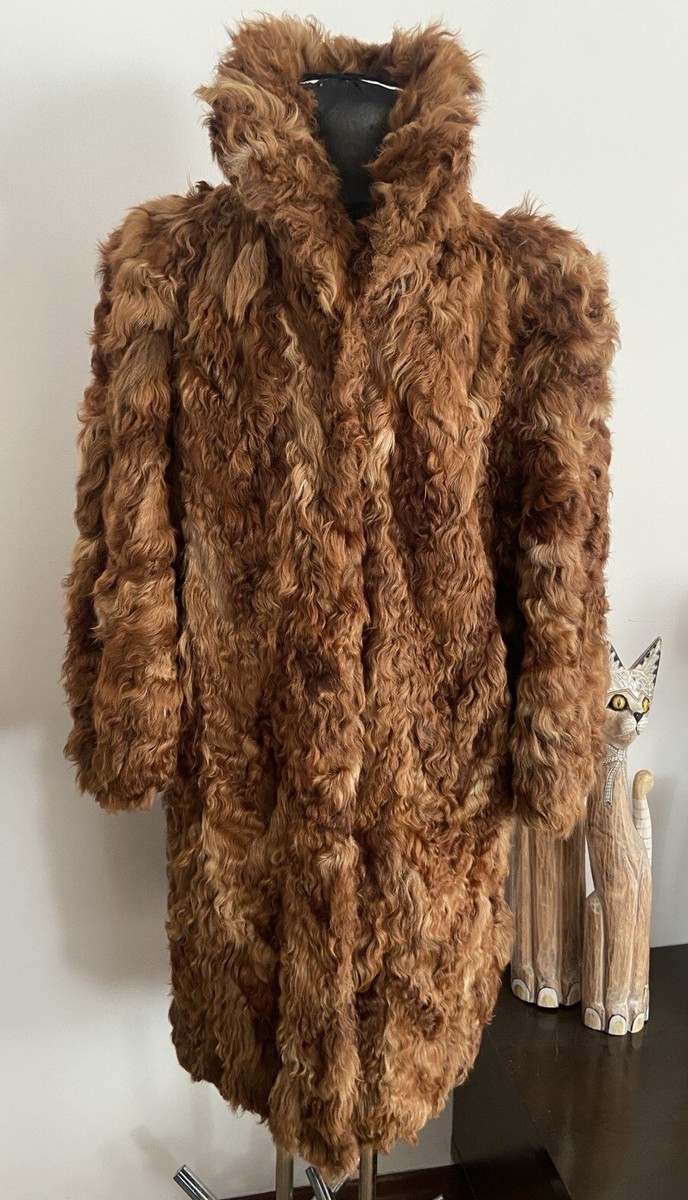 Beautiful Mongolian Curly Goat Lamb Fur Coat Jacket Vintage Size :L Brown  Lined