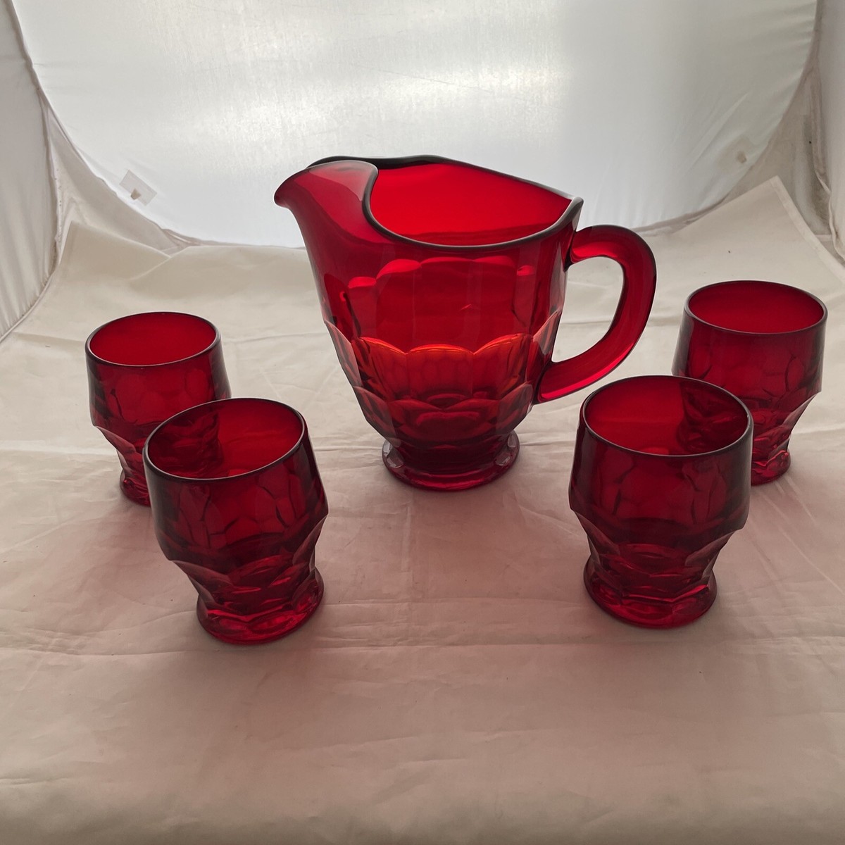VINTAGE VIKING GLASS GEORGIAN RUBY RED HONEYCOMB PITCHER w 4