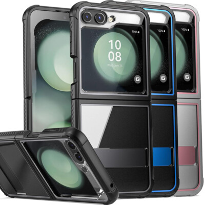 For Galaxy Z Flip 5 Case Clear Back Shockproof Full 360 Coverage Kickstand Cover