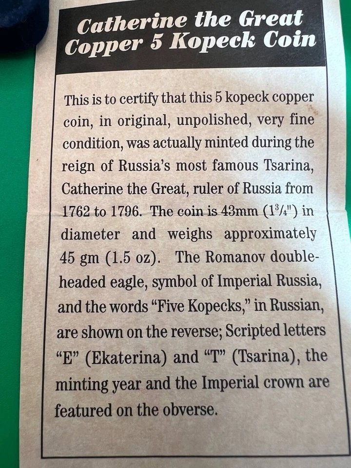 Catherine the Great Copper 5 Kopeck Coin Certified Authentic Historical Coin RV1 - Image 3 of 4