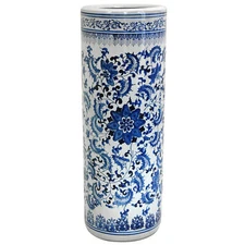 24" Floral Blue & White Porcelain Umbrella Stand