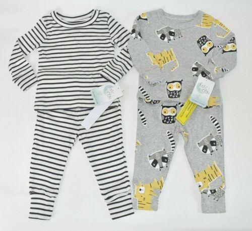 Mac & Moon 4 Piece 2 Pairs 12 Months Gray Stripe Animal Print Organic Pajama Set