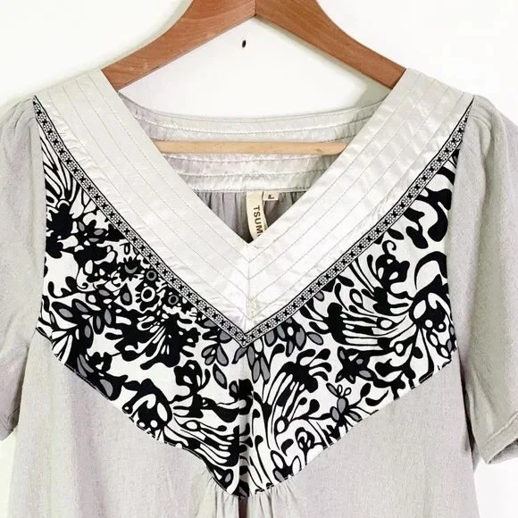 Tsumori Chisato Gray V-Neck Linen Pullover Dress Size Large Pockets Beachy Boho — 第 2/4 张图片