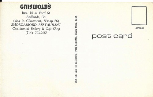 Postal Redlands CA "Griswold's Smorgasbord Restaurant" Ruta 66 California - Imagen 2 de 2