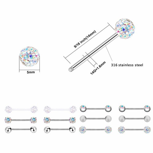 14G Nipple Rings Stainless Steel Tongue Ring Barbell Nipplerings Piercing 6Pairs - Picture 14 of 24
