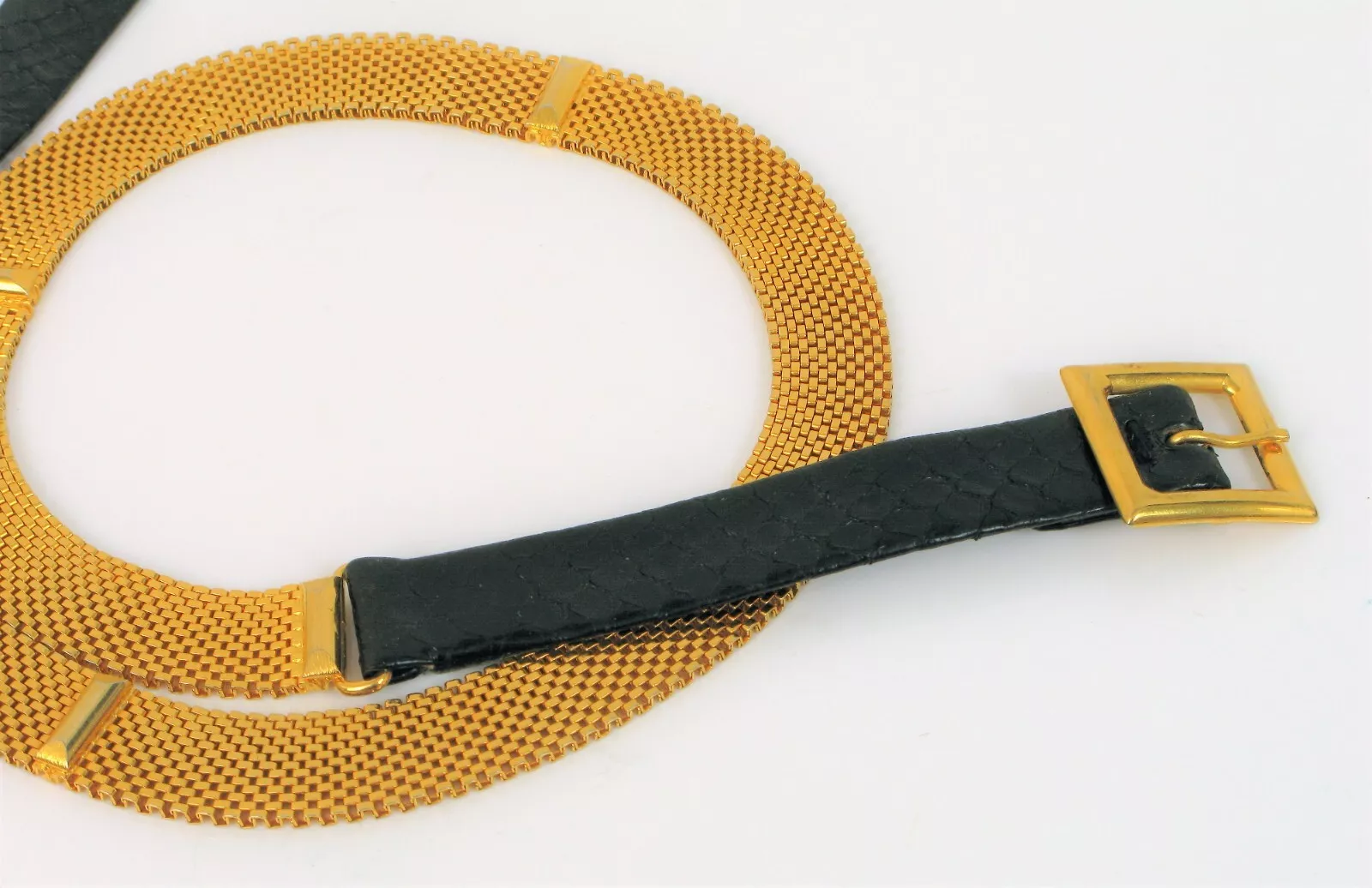 BELLE CEINTURE VINTAGE CHRISTIAN DIOR TON OR JAUNE TISSÉ CUIR NOIR 30
