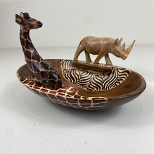 Hand Carved Vintage Rhinoceros Giraffe Animal Wood Bowl