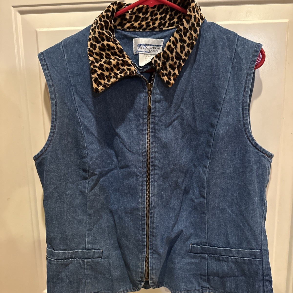 CLANE クラネ　LEOPARD LONG GILET Central Falls Denim Vest Full Zipper Faux Leopard Collar