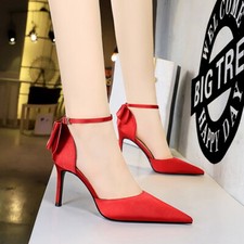 3" Sweet Bowknot High Heels Red Satin Ankle Strp Date Dress Wedding Women Shoes