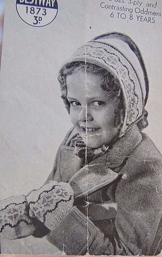 VINTAGE FAIR ISLE MOTORHAUBE ~ MITTS/3 DESIGN STRICKMUSTER GR. 6-8 JAHRE (H29)