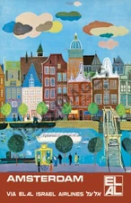 Amsterdam Denmark vintage air travel promotion poster 12x18