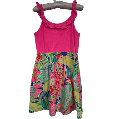 Lilly Pulitzer Girls XL Pink Parrot Print Ruffle Dress Knee Length - AC - Picture 10 of 11