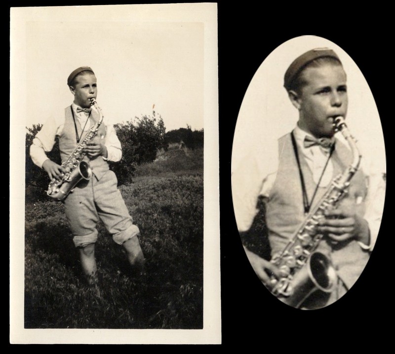 WHOOPEE CAP JAZZ MUSIC BOY PLAYS SAXOPHONE in FIELD ~ 1930s PHOTO