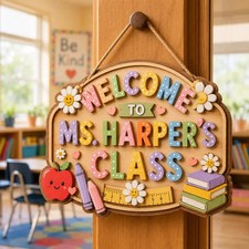 Personalized Classroom Welcome Teacher School Door Wooden Sign with Rope
