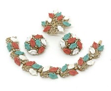 Crown Triari Bracelet Earrings & Brooch Set Signed