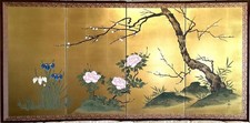 Japanese Byobu 4 Panel Folding Screen Gold Leaf Ume Botan Ayame Flowers
