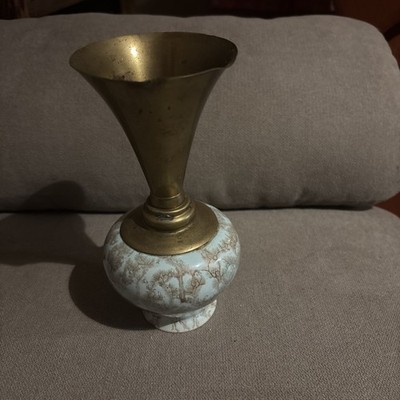 Vintage Delftware Holland Brass Blue Marbled Ceramic Vase Bottom Brass Top 7 