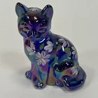 Fenton Art Glass Iridescent Cobalt Carnival Glass Sitting Cat Figurine - Signed