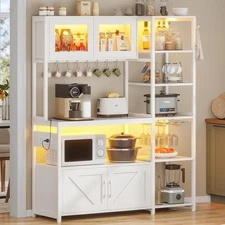 Farmhouse Bakers Rack with LED Lights, Kitchen Microwave Stand with Storage
