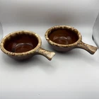 2 Hull Oven Proof USA Pottery Brown Drip Glazed Chili / Soup Bowls with Handles