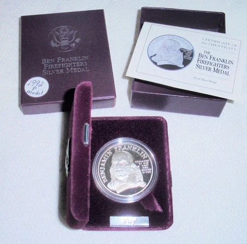1992 Proof Silver Franklin FireFighters Medal From an Original Box of 2 Medals