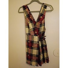 Plaid V-Neck Sleeveless Wrap Dress with Metallic Bee Print - Red/Cream Sz XS