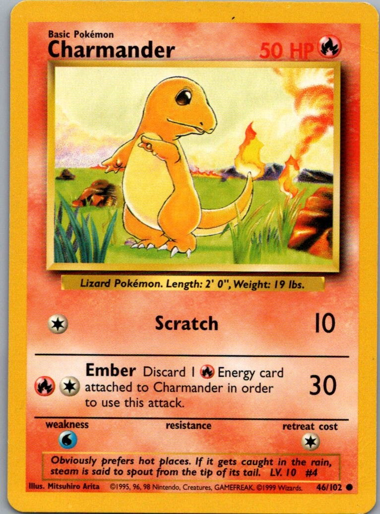 Charmander 46/102 Common Base Set Unlimited Pokemon Moderately Played 3
