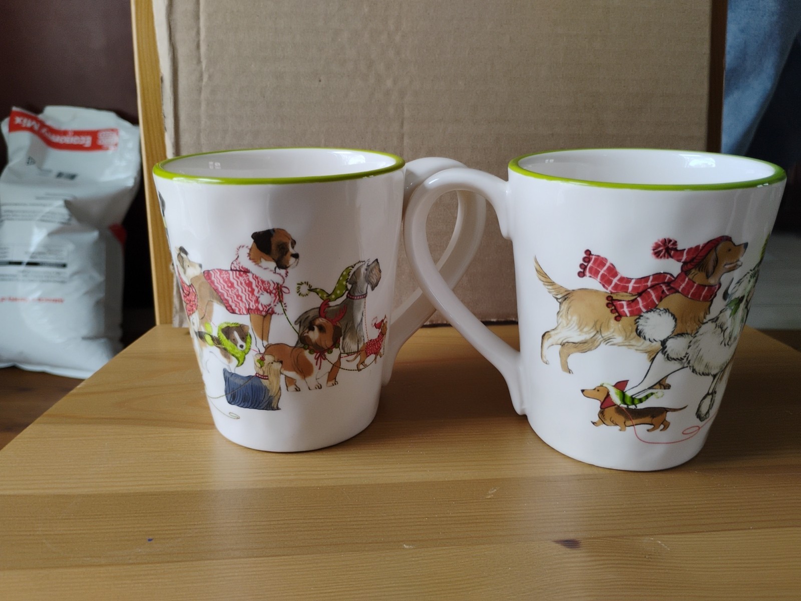 Pier 1 Imports PARK AVENUE PUPPIES 14oz Mug Christmas Winter Dogs Green Trim