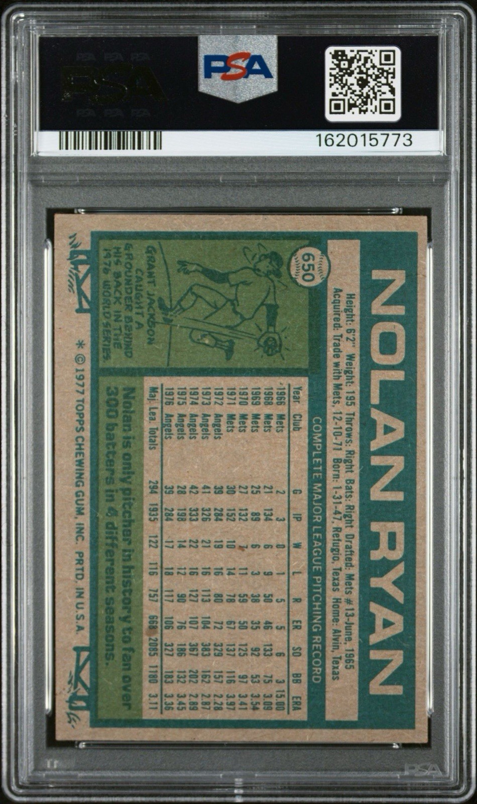 1977 Topps - Nolan Ryan #650 - PSA EX 5 !!! view 2