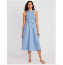 OLD NAVY Fit&Flare Combination Midi Dress Blue Flourite Coastal S Cotton Pockets