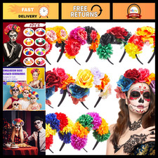 Colorful Mexican Flower Headband - Day of the Dead Crown, 8-Piece Floral Set