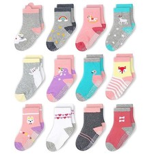 Non-Slip Crew Grip Socks Girls Animals - 12 pairs, 1-3 Years Old