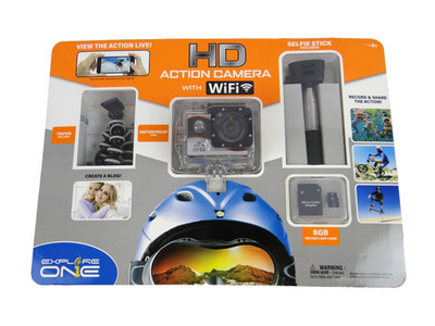 Explore One HD Action Camera Wi-Fi Waterproof Wide Angle 2'' Screen 8GB Card