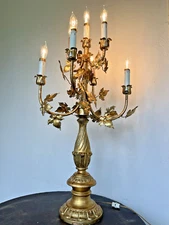 33" VTG 1940's Italian Carved Wood Floral Metal Tole Torchiere 7 Arms Table Lamp