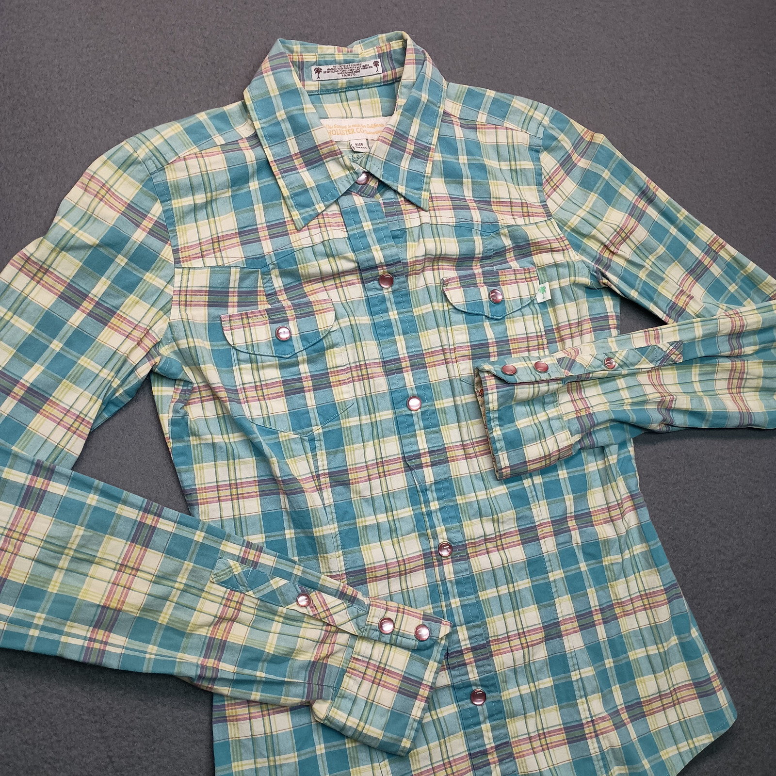 Hollister Pearl Snap Shirt Juniors Small Plaid Flip Cuff Western Stretch Womens