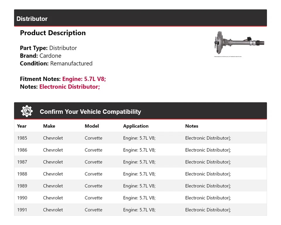 For 1985-1991 Chevrolet Corvette 5.7L V8 Distributor Cardone 1986 1987 1988 1989 - Image 2 of 4