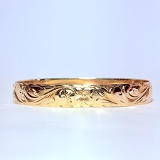 14K Yellow Gold Hawaiian Heirloom Floral Scroll 9.7mm 7.4" Bangle Bracelet 26.8g