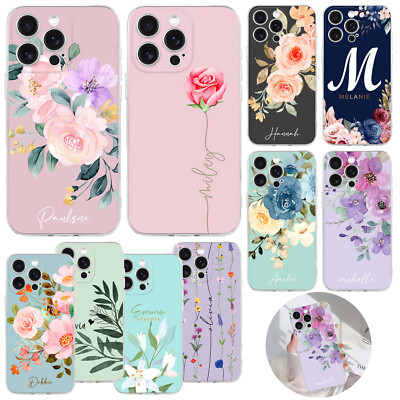 Floral Printed Phone Case Customized Name Cover For iPhone 16 15 Pro 13 15 12 14