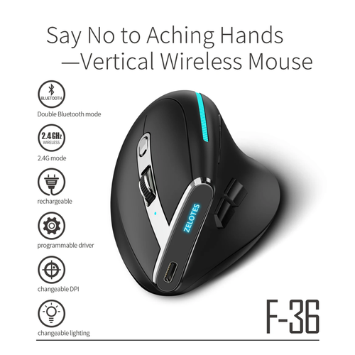 ZELOTES F-36 Wireless Vertical Gaming Mouse RGB BT5.0 2.4G 2400DPI Ergonomic - Picture 3 of 13
