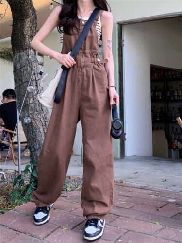 Korean women's college style jumpsuit denim jeans overalls trousers wide leg pan - Picture 10 of 12