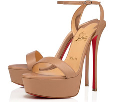 Christian Louboutin Loubi Queen Alta 150 Nude Ankle Strap Sandal Heel Pump 39