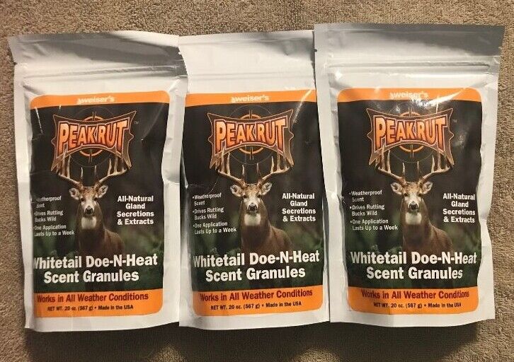 sold out 3 NEW WEISER'S PEAKRUT overseas WHITETAIL GRANULES SCENT DOE-N-HEAT 20 OZ