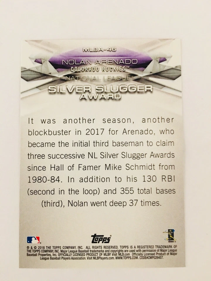 2018 Topps Series 1 Silver Slugger Nolan Arenado #MLBA-46 COLORADO ROCKIES - Image 2 of 2