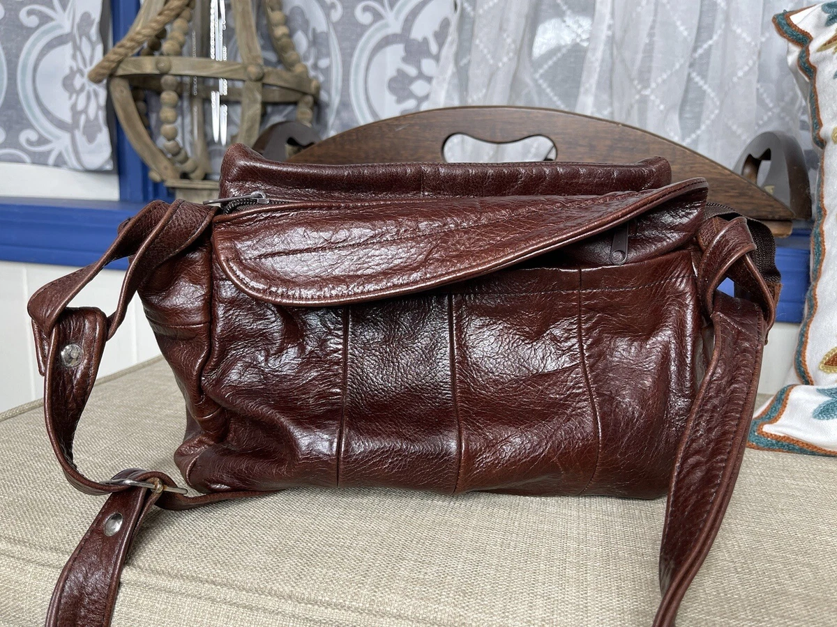 Vintage Brown Leather Flap Crossbody Handbag Front Pocket Multi