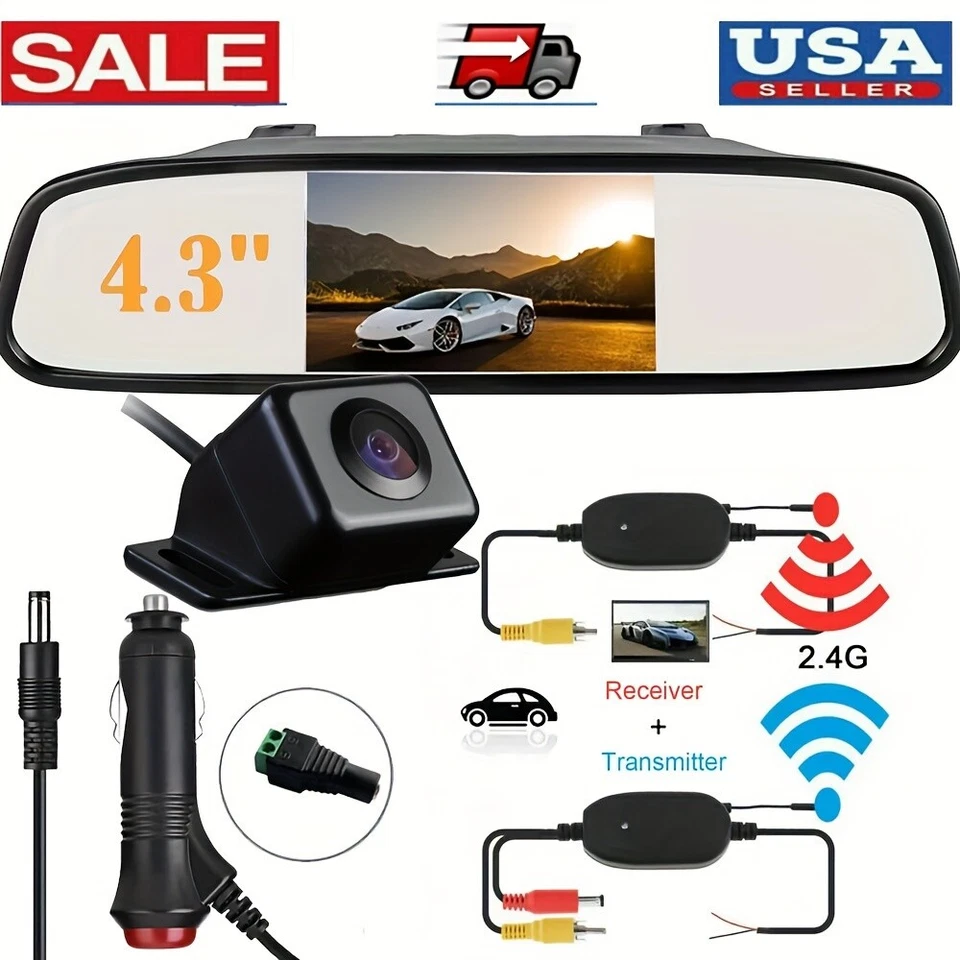 wireless 4.3' car rearview mirror monitor kit mini reversing camera car/vehicle - Image 2 of 4
