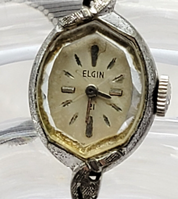 Elgin 21 Jewel Wrist Watch Oval 14mm Mechanic Manual White Gold