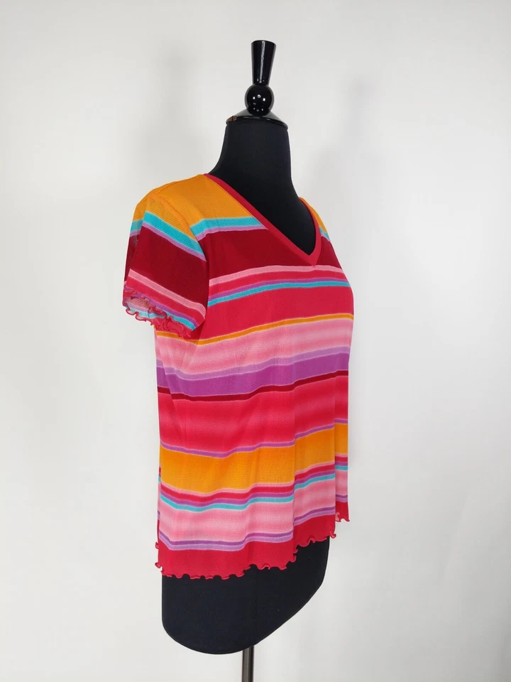 Top Crazy Horse Liz Claiborne Rosa Rayas Malla Manga Corta Talla L Pequeño Foto 2 de 4