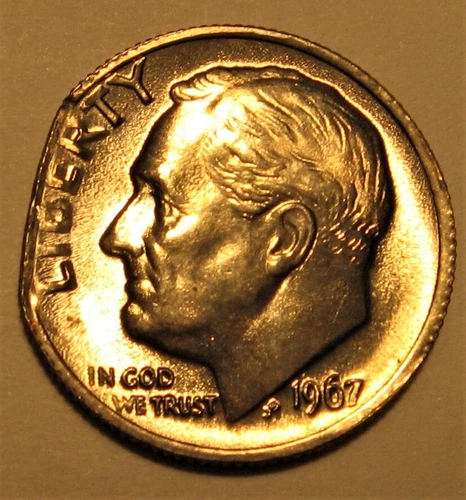 1967 Roosevelt Dime - Clipped Planchet Error Coin - Appears AU+/Unc.